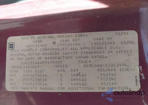 1993 Chevrolet S Truck S10 z USA, uszkodzony, nr VIN 1GCCS14R2P8179305